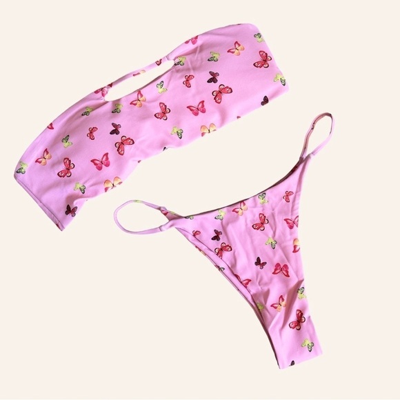 Zaful Pink Butterfly Print String Strapless Bikini Set Size 6 NWOT - Picture 1 of 8